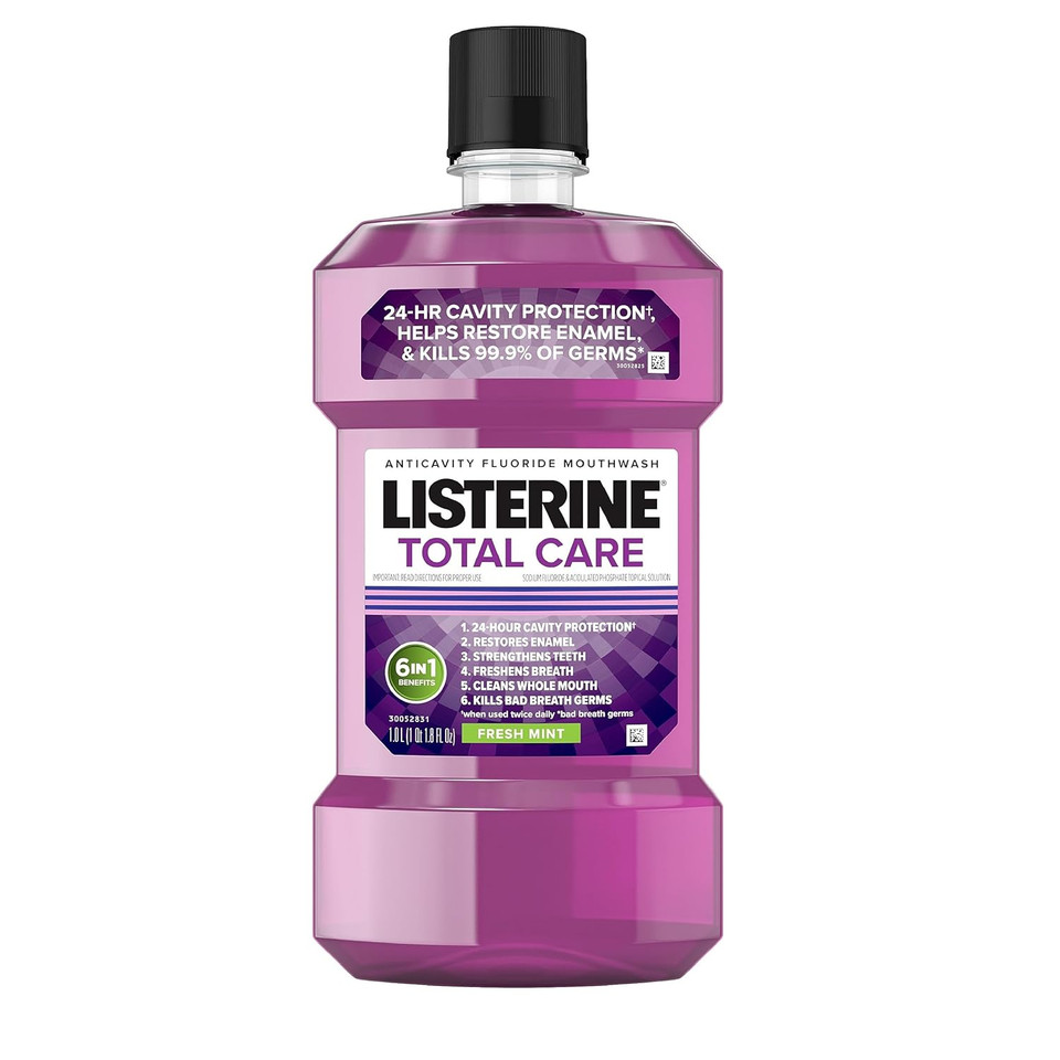 Listerine Total Care Anticavity Fluoride Mouthwash, 6 Benefits In 1 Oral Rinse Helps Kill 99% Of Bad Breath Germs, Prevents Cavities, Strengthens Teeth, Ada-Accepted, Fresh Mint, 1 L
