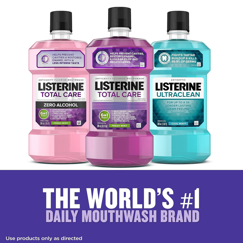 Listerine Total Care Anticavity Fluoride Mouthwash, 6 Benefits In 1 Oral Rinse Helps Kill 99% Of Bad Breath Germs, Prevents Cavities, Strengthens Teeth, Ada-Accepted, Fresh Mint, 1 L