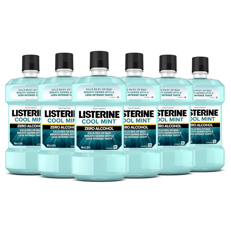 Listerine Mouthwash, Zero Alcohol, Germ Killing, Less Intense Formula, Bad Breath Treatment, Alcohol Free Mouth Wash For Adults; Cool Mint Flavor, 500 Ml (Pack Of 6)