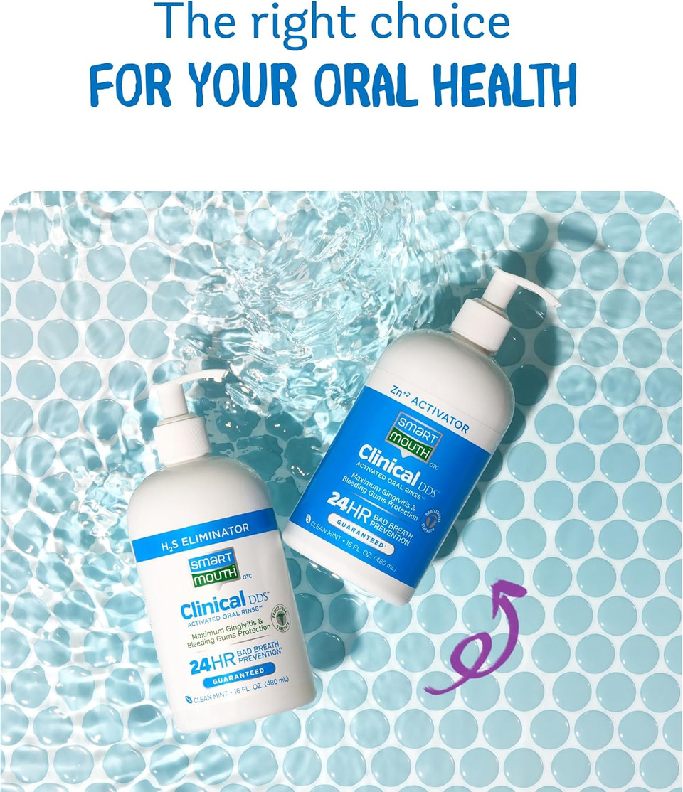 Smartmouth Clinical Dds 2-Bottle Activated Mouthwash With Pumps - Gum Health Support For Adults - 12-Hour Fresh Breath Mouthwash - Clean Mint Flavor, 32 Fl Oz (16 Fl Oz Per Bottle)