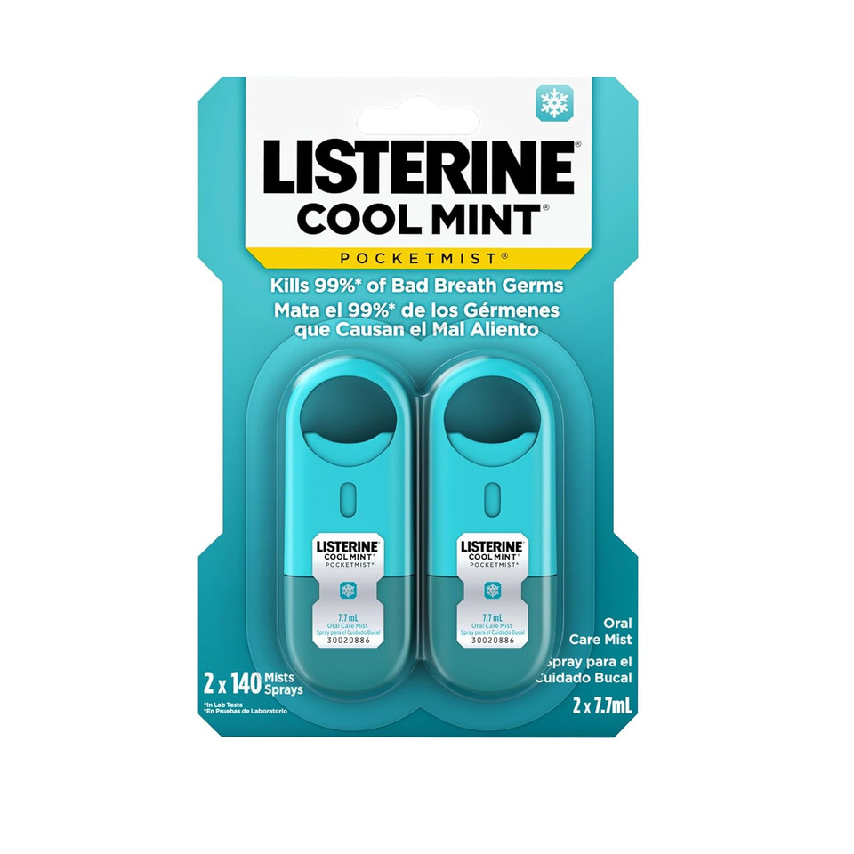 Listerine Cool Mint Pocketmist, Oral Care Mist For Fresh Breath, Non-Aerosol Sugar-Free Bad Breath Refresher Spray To Kill 99% Of Bad Breath Germs, Portable, Cool Mint Flavor, 2 X 7.7 Ml