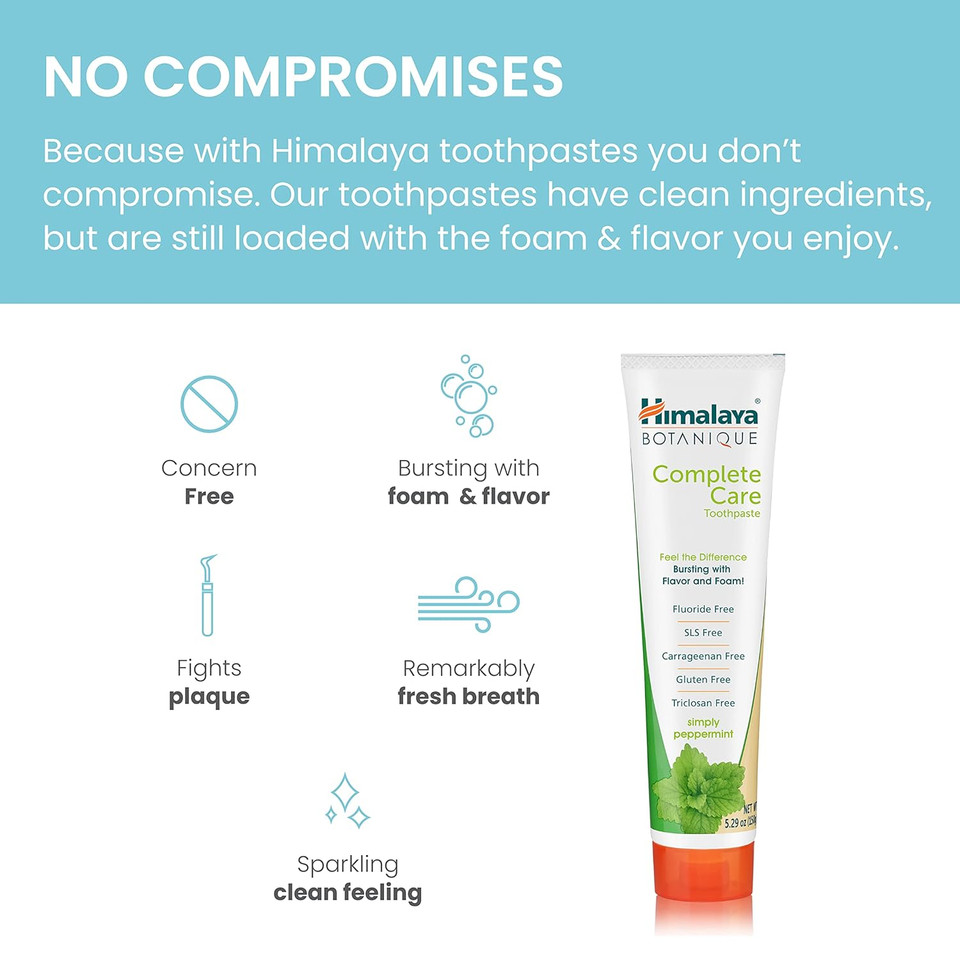 Himalaya Botanique Complete Care Toothpaste, Herbal, Peppermint Flavor, Fights Plaque, Freshens Breath, Fluoride Free, No Artificial Flavors, Sls Free, Cruelty Free, Foaming 5.29 Oz, 2 Packã¢Â