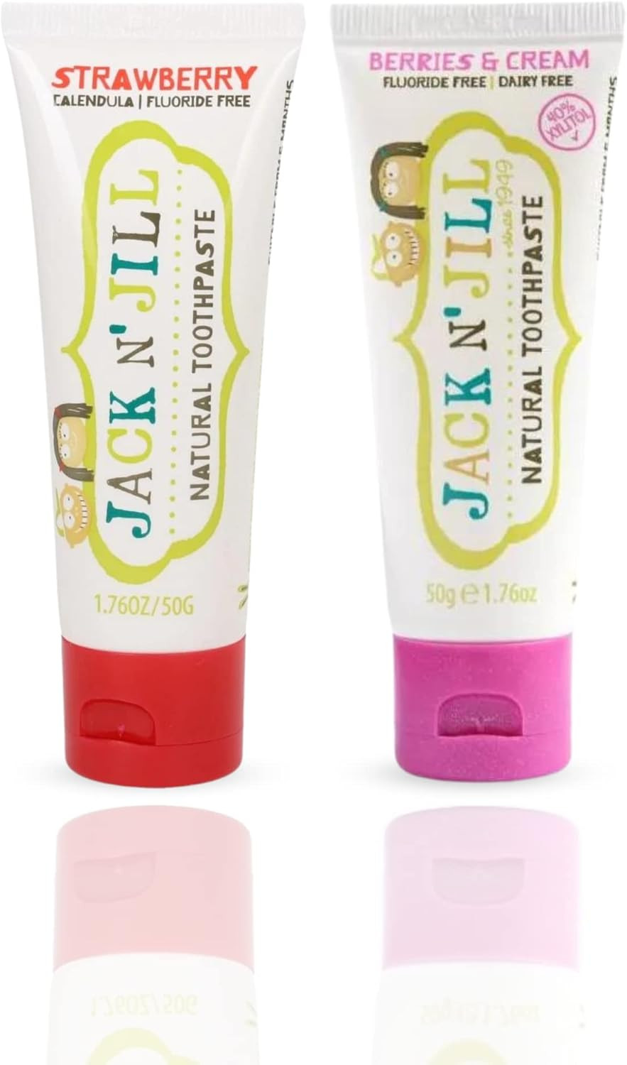 Jack N' Jill Natural Toddler Toothpaste For Baby, Kids And Infants 6 Months & Up, Fluoride Free Training Toothpaste For Toddlers 1-3, 40% Xylitol - Strawberry, Berries & Cream 1.76 Oz (Pack Of 2)