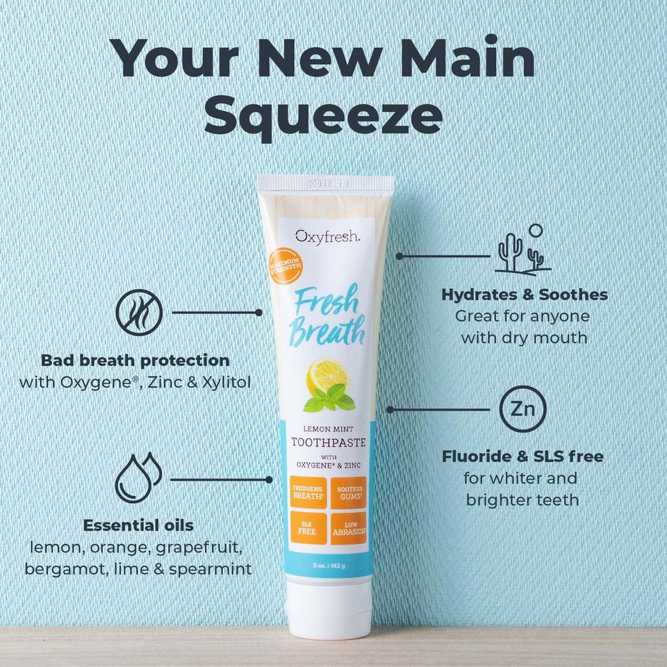 Premium Oxyfresh Maximum Fresh Breath Lemon Mint Toothpaste - Clean Teeth & Fresh Breath - Natural Essential Oils & Natural Xylitol To Help Fight Tartar - Sls & Fluoride Free, 5Oz