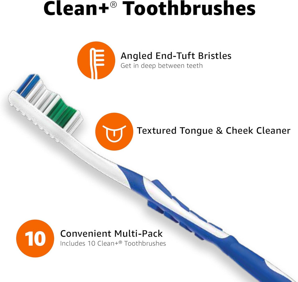 Amazon Basics Clean Plus Toothbrushes, Soft, 10 Count, Assorted Colors (Previously Solimo)