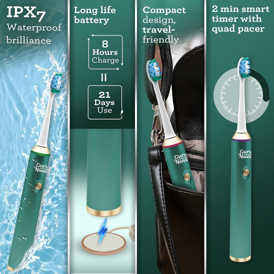 Gurunanda Steel Sonic Toothbrush - Rechargeable, 5 Modes, 2 Min Smart Timer & Replacement Brush Heads - Teal