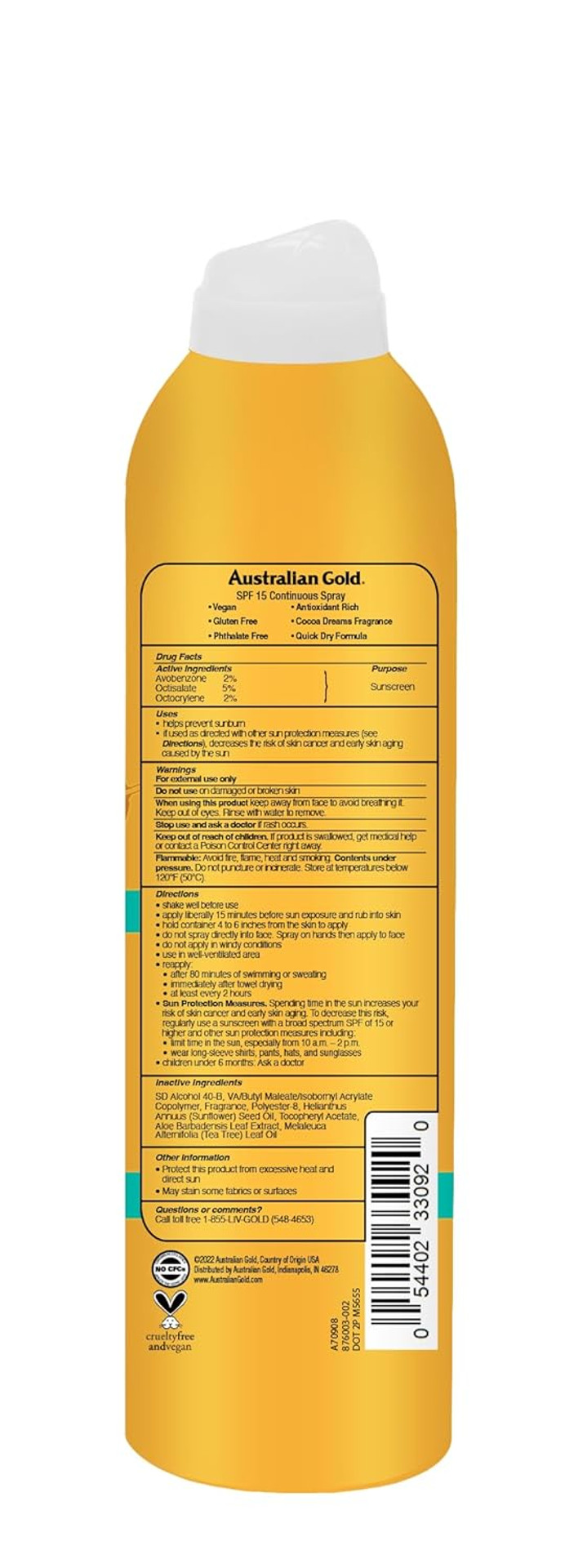 Australian Gold Continuous Spray Sunscreen Spf 15, 6 Ounce, Dries Fast, Broad Spectrum, Water Resistant, Non-Greasy, Oxybenzone Free, Cruelty Free,A70908