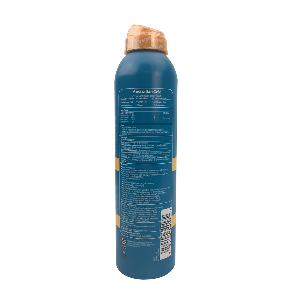 Australian Gold Extreme Sport Continuous Spray Sunscreen Spf 50 (Broad Spectrum/Sweat & Water Resistant/Non-Greasy/Oxybenzone Free/Cruelty Free), Sport - New, Coastal Breeze, 6 Oz