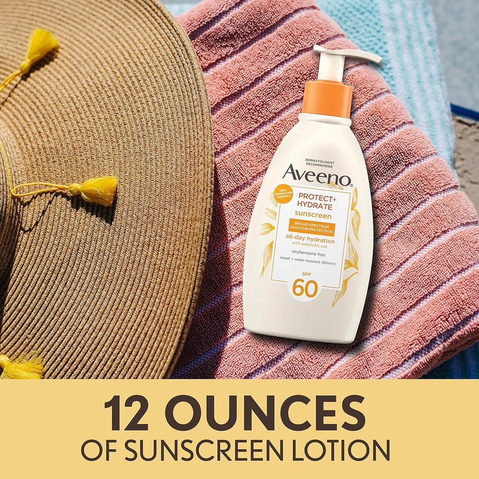 Aveeno Protect + Hydrate Sunscreen Moisturizing Body Lotion With Broad Spectrum Spf 60 And Prebiotic Oat, Weightless, Paraben, Oxybenzone, And Oil Free Sunscreen, 12 Fl Oz