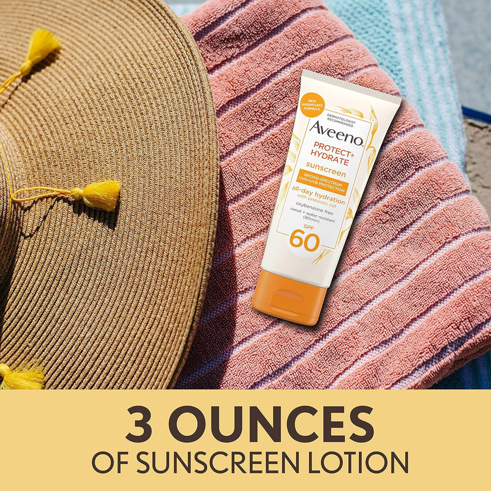 Aveeno Protect + Hydrate Moisturizing Body Sunscreen Lotion With Broad Spectrum Spf 60 & Prebiotic Oat, Weightless & Refreshing Feel, Paraben-Free, Oil-Free, Oxybenzone-Free, 3.0 Fl. Oz