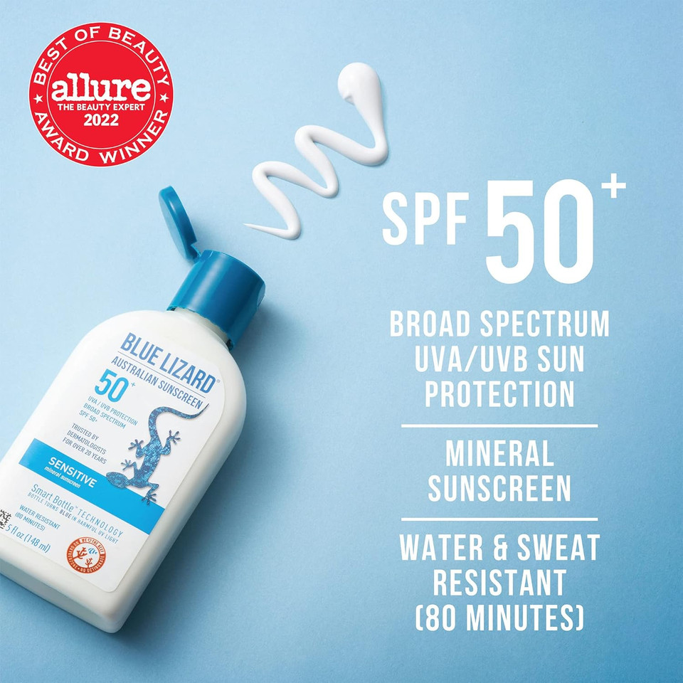 Blue Lizard Sensitive Mineral Sunscreen With Zinc Oxide, Spf 50+, Water Resistant, Uva/Uvb Protection With Smart Bottle Technology - Fragrance Free, 5 Oz Blue Lizard Sensitive Mineral Sunscreen With Zinc Oxide, Spf 50+, Water Resistant, Uva/Uvb Protection With Smart Bottle Technology - Fragrance Free, 5 Oz