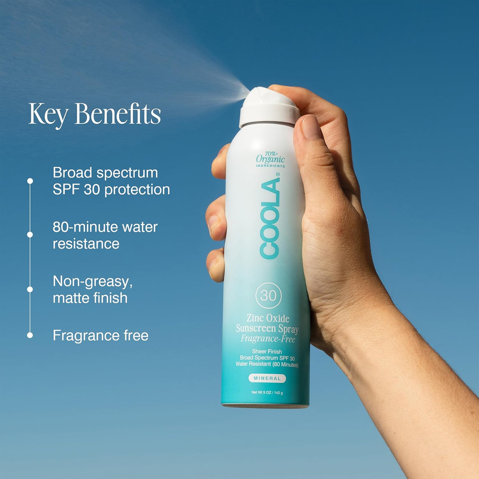 Coola Organic Mineral Sunscreen Spf 30 Sunblock Spray, Dermatologist Tested Skin Care For Daily Protection, Vegan And Gluten Free, Fragrance Free, 5 Fl Oz