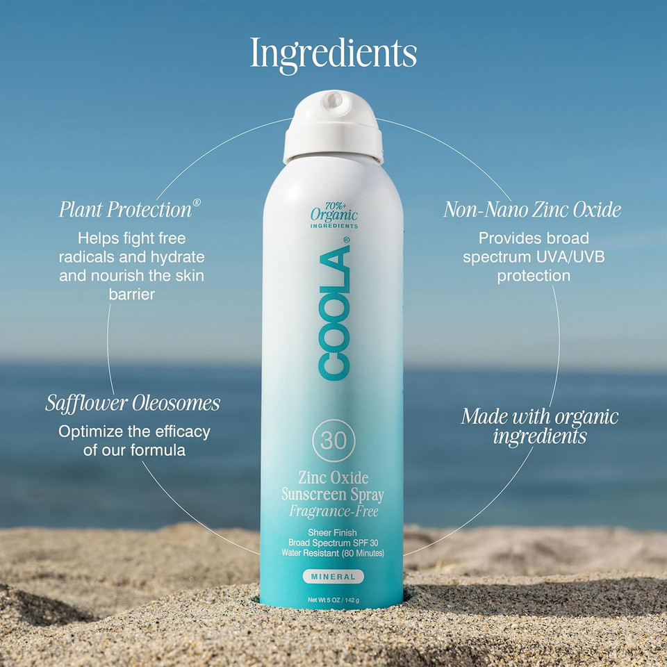 Coola Organic Mineral Sunscreen Spf 30 Sunblock Spray, Dermatologist Tested Skin Care For Daily Protection, Vegan And Gluten Free, Fragrance Free, 5 Fl Oz