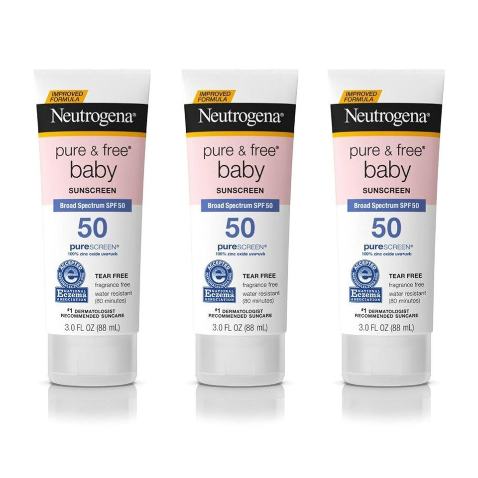Neutrogena Pure & Free Baby Mineral Sunscreen Lotion With Broad Spectrum Spf 50 & Zinc Oxide, Water-Resistant, Hypoallergenic & Tear-Free Baby Sunscreen, 3 Fl. Oz, 3 Pk