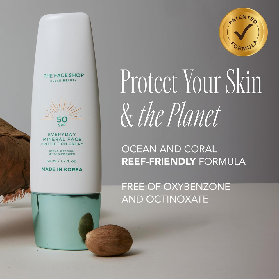 The Face Shop Everyday Mineral Sunscreen Spf 50, Korean Sunscreen For Face With Zinc Oxide, Panthenol & Niacinamide, For Sensitive Skin, No White Cast, Water Resistant, Reef Friendly, Fragrance-Free