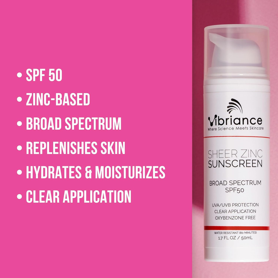 Vibriance Sheer Zinc Face Sunscreen Spf 50 - Sensitive Skin Friendly, Skin Rejuvenation, Clear Zinc Oxide Sunscreen, Face & Neck, Broad Spectrum - 1.7 Fl Oz (50 Ml)