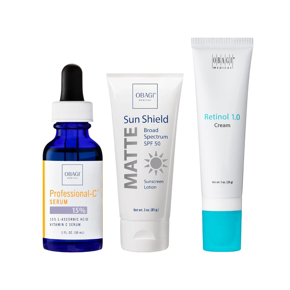 Skincare Essentials Set  Obagi Professional-C Serum 15% (1 Oz), Obagi Sun Shield Matte Broad Spectrum 3Pf 50 (3 Oz) Obagi 360 Retinol 1.0 Cream (1 Oz)  3-Piece Set