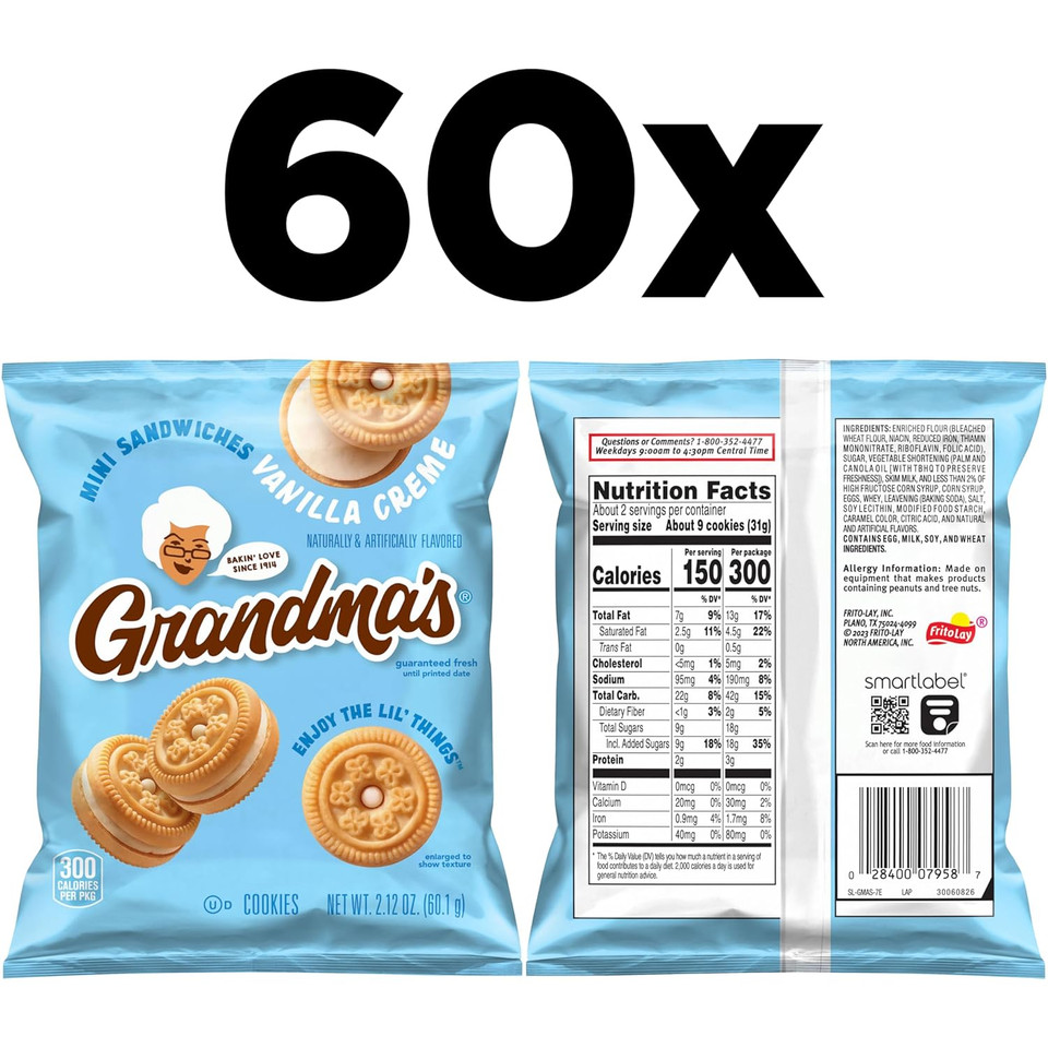 Grandma'S Cookies, Mini Sandwich Crã£Â¨Mes Vanilla, 2.12 Ounce (Pack Of 60)