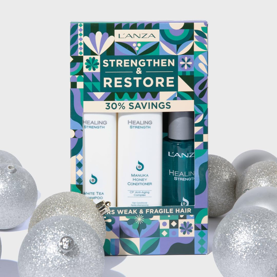 L'Anza Healing Strength Holiday Gift Set Trio, White Tea Shampoo, Manuka Honey Conditioner & Neem Plant Silk Hair Serum In Gift Box, Luxury Hair Care For Dry, Damaged Hair (10.1/8.5/3.4 Fl Oz)