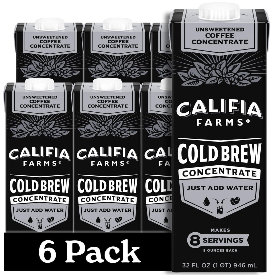 Califia Farms - Unsweetened Cold Brew Coffee Concentrate, 32 Fl Oz (Pack Of 6), 100% Arabica, Shelf Stable, Plant Based, Vegan, Gluten Free, Non Gmo, Sugar Free, Iced Coffee