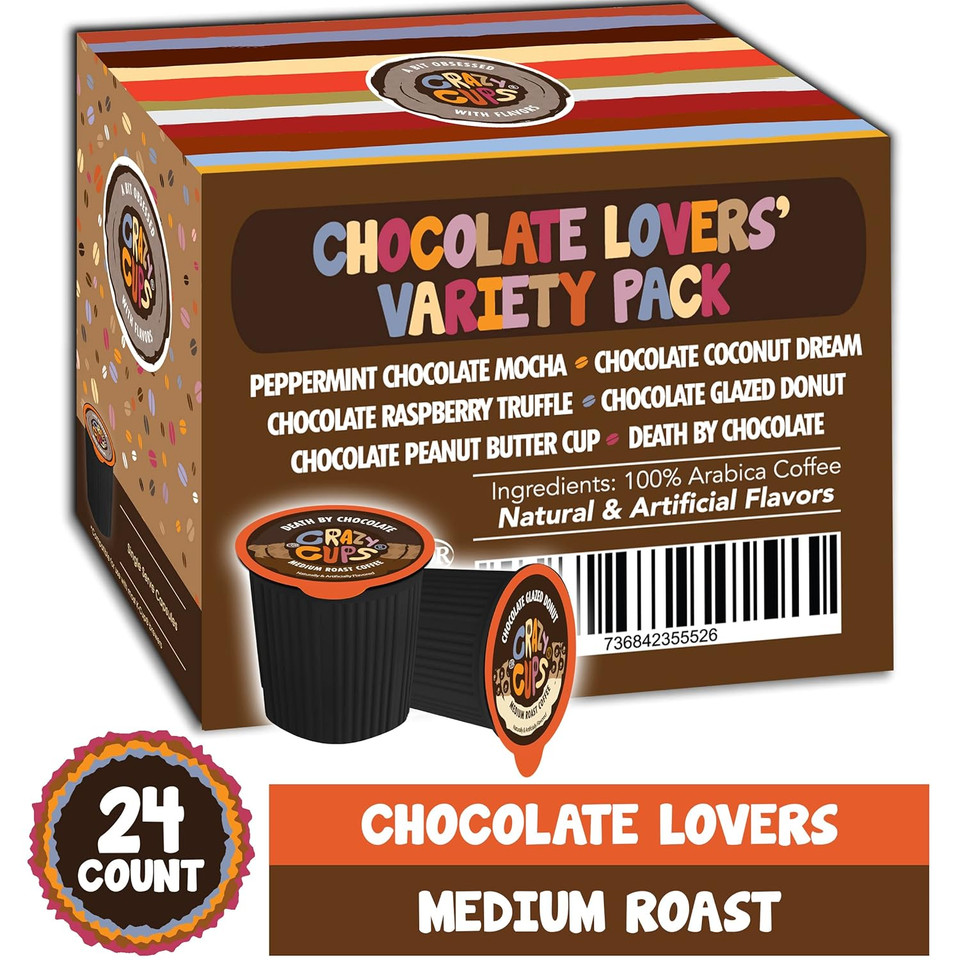 Crazy Cups Medium Roast Chocolate Coffee Lovers Coffee Pods Variety Pack, 24 Count