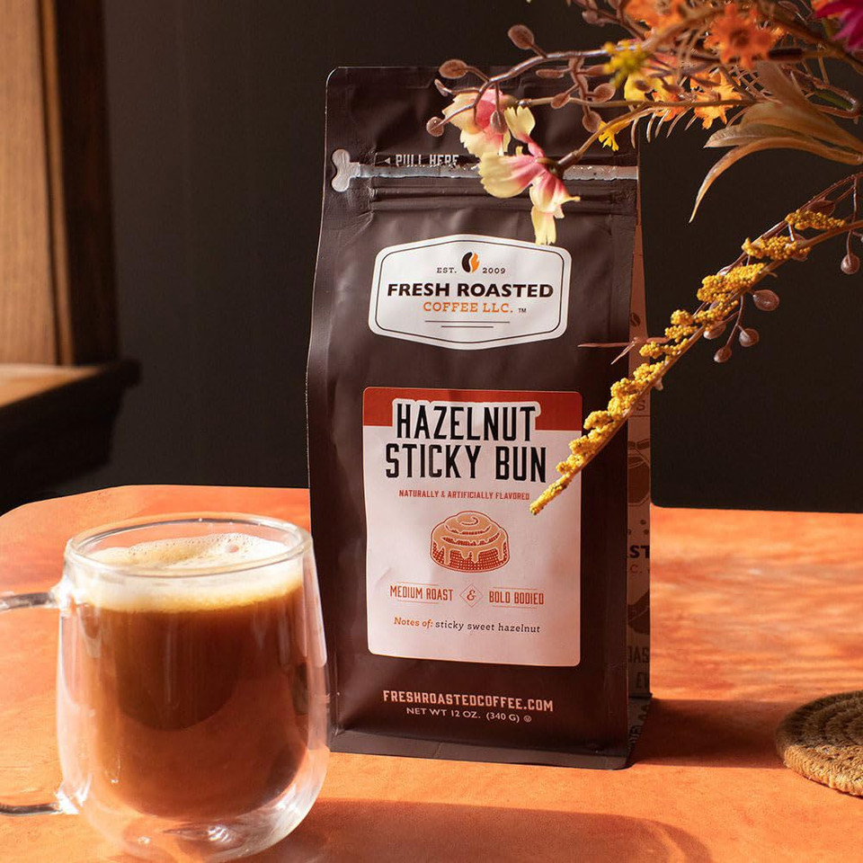 Fresh Roasted Coffee, Sticky Bun Flavored Coffee, 12 Oz, Medium Roast, Kosher, Whole Bean