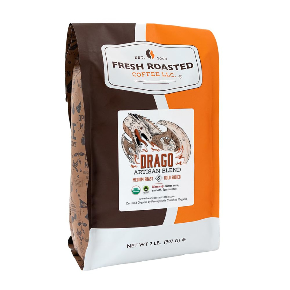 Fresh Roasted Coffee, Fair Trade Organic Drago, 2 Lb (32 Oz), Medium Roast, Kosher, Whole Bean