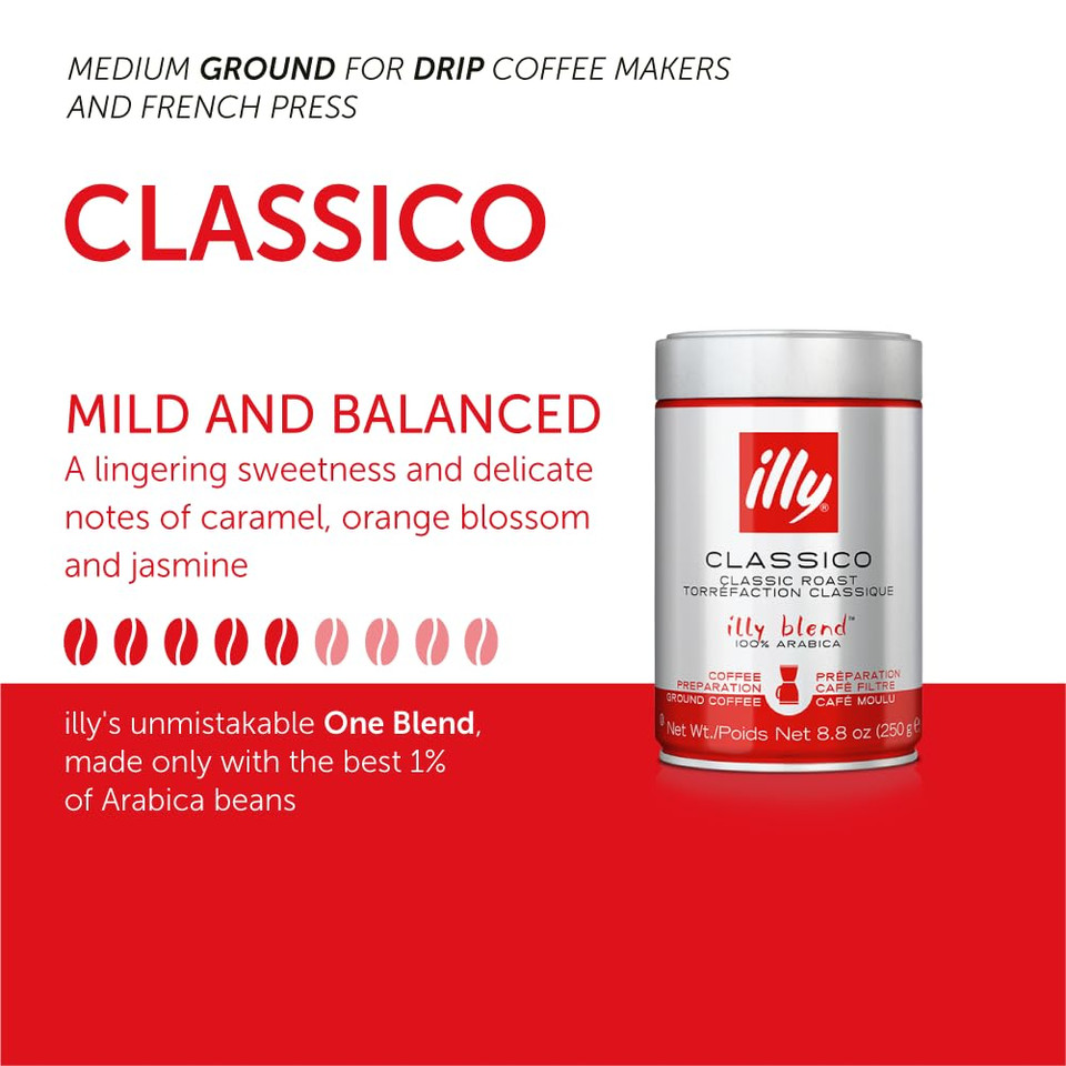Illy Drip Coffee - Ground Coffee - 100% Arabica Ground Coffee  Classico Medium Roast - Notes Of Caramel, Orange Blossom & Jasmine - No Preservatives  Mild & Balanced  4.4 Ounce