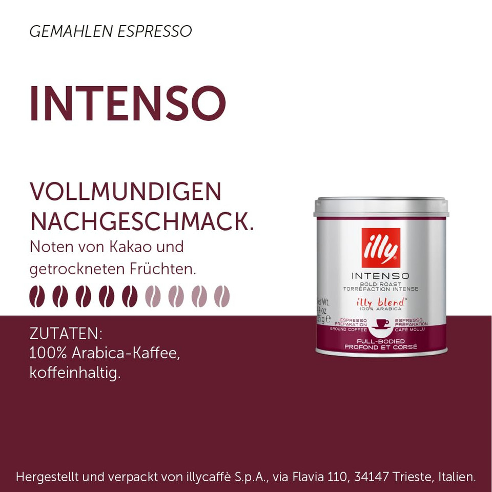 Illy Ground Coffee Espresso - 100% Arabica Coffee Ground  Intenso Dark Roast  Warm Notes Of Cocoa & Dried Fruit - Rich Aromatic Profile - Precise Roast - No Preservatives  4.4 Ounce