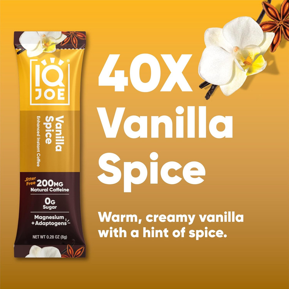 Iqjoe Instant Mushroom Coffee Packets With Lionã¢ÂS Mane And Magtein Magnesium L-Threonate - New Vanilla Spice - Clarity And Mood Enhancing - Sugar Free, Keto, Vegan - 200Mg Natural Caffeine - 40 Count