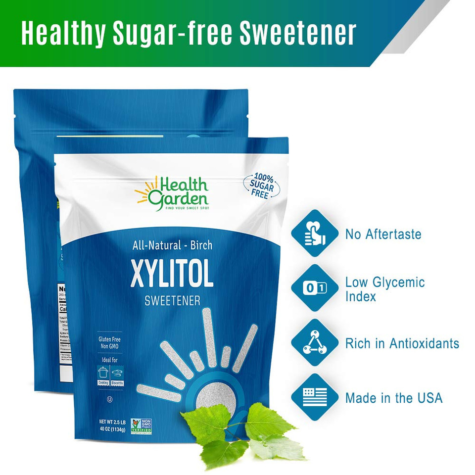 Health Garden Birch Xylitol Sweetener - Pure Birch Xylitol - Non Gmo, Kosher, And Made In The U.S.A. - Ideal Powdered Sugar Substitute - Non-Gmo Sugar Alternative - 2.5 Lb