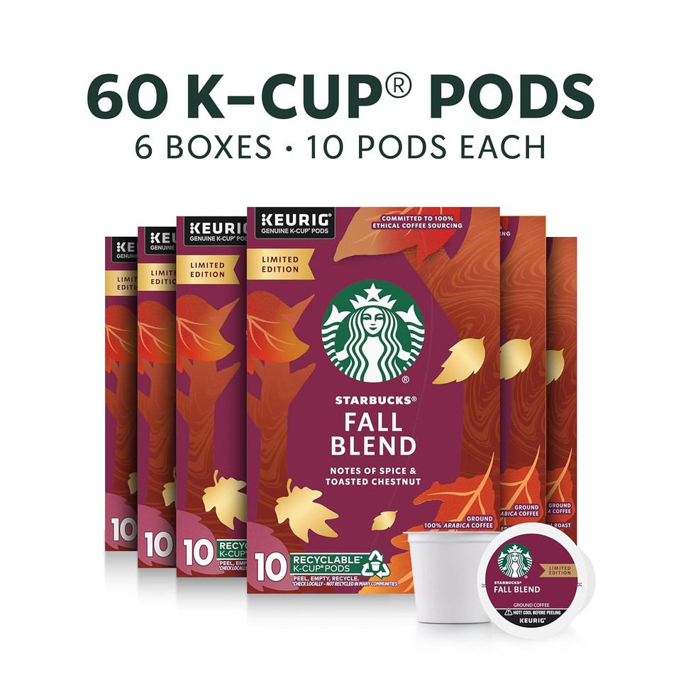 Starbucks K-Cup Coffee Pods, Medium Roast Coffee For Keurig Coffee Makers, Fall Blend, 100% Arabica, Limited Edition, 6 Boxes (60 Pods Total) Starbucks K-Cup Coffee Pods, Medium Roast Coffee For Keurig Coffee Makers, Fall Blend, 100% Arabica, Limited Edition, 6 Boxes (60 Pods Total)