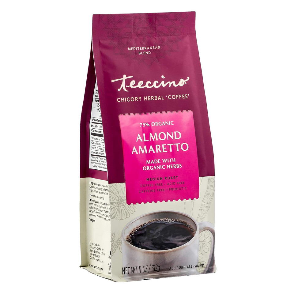 Teeccino Almond Amaretto Chicory Coffee Alternative - Ground Herbal Coffee Thatã¢ÂS Prebiotic, Caffeine Free & Acid Free, Medium Roast, 11 Ounce