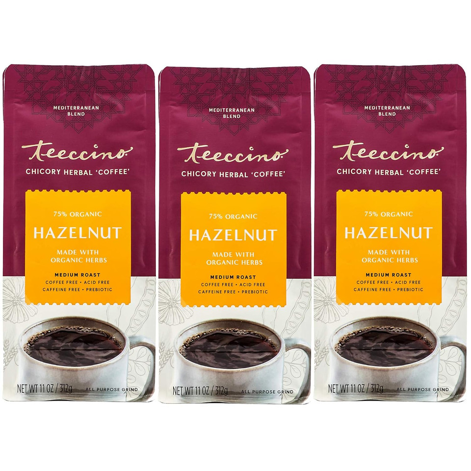 Teeccino Hazelnut Chicory Coffee Alternative - Ground Herbal Coffee Thatã¢ÂS Prebiotic, Caffeine Free & Acid Free, Medium Roast, 11 Ounce (Pack Of 3)