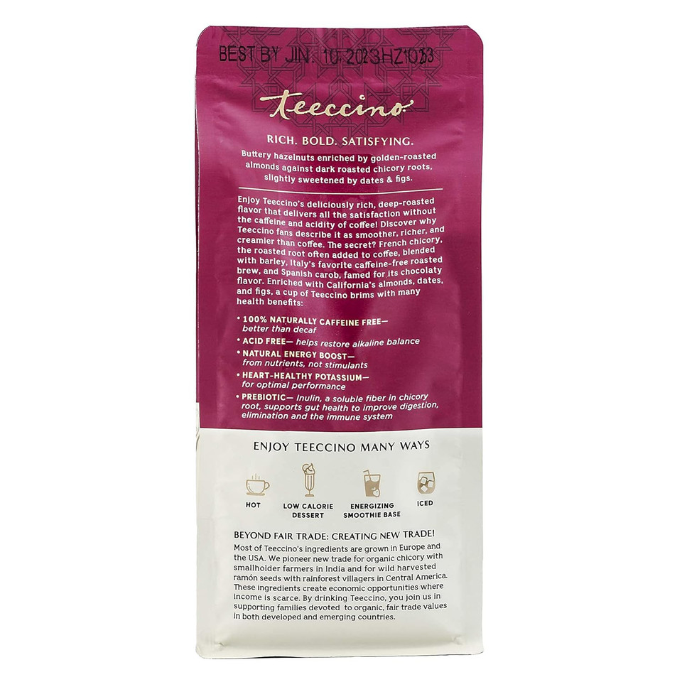 Teeccino Hazelnut Chicory Coffee Alternative - Ground Herbal Coffee Thatã¢ÂS Prebiotic, Caffeine Free & Acid Free, Medium Roast, 11 Ounce (Pack Of 3)