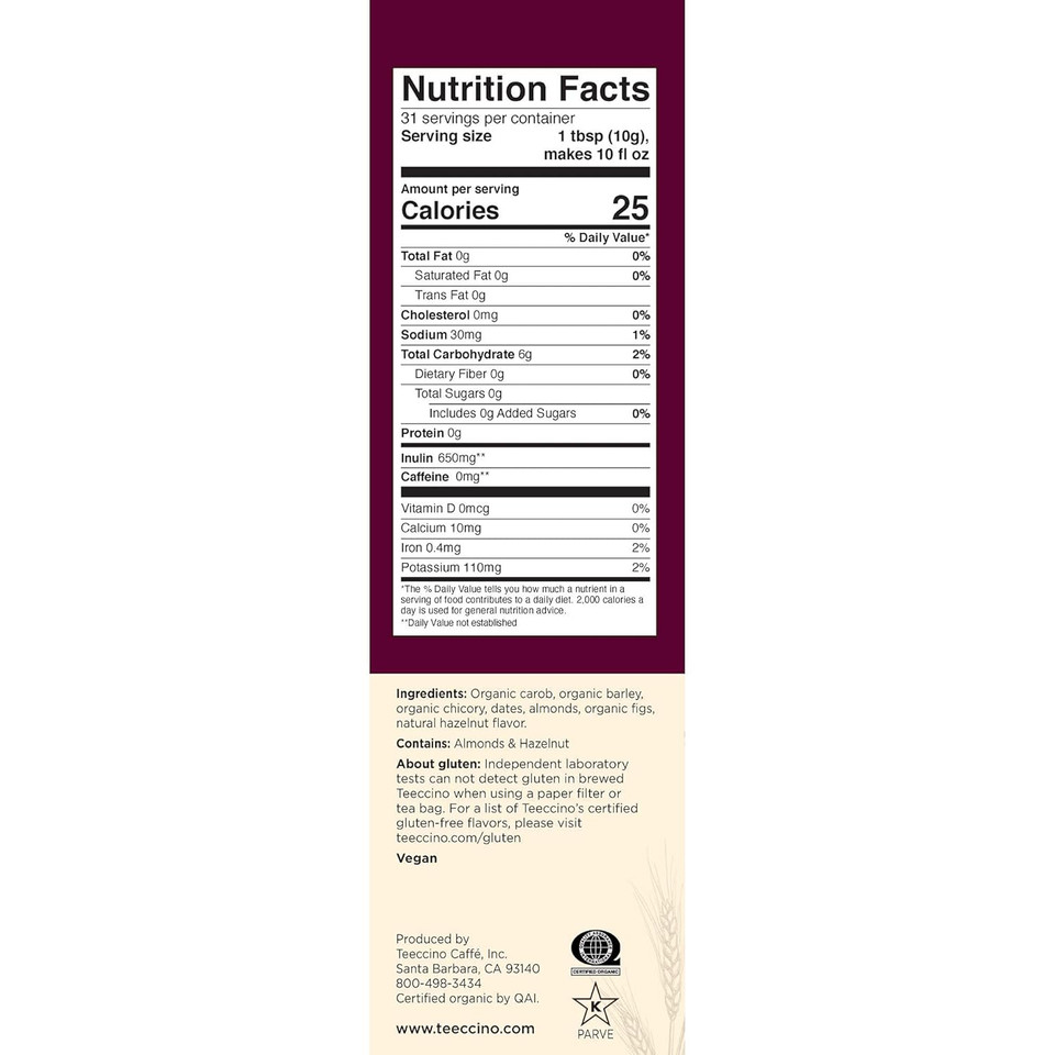 Teeccino Hazelnut Chicory Coffee Alternative - Ground Herbal Coffee Thatã¢ÂS Prebiotic, Caffeine Free & Acid Free, Medium Roast, 11 Ounce (Pack Of 3)