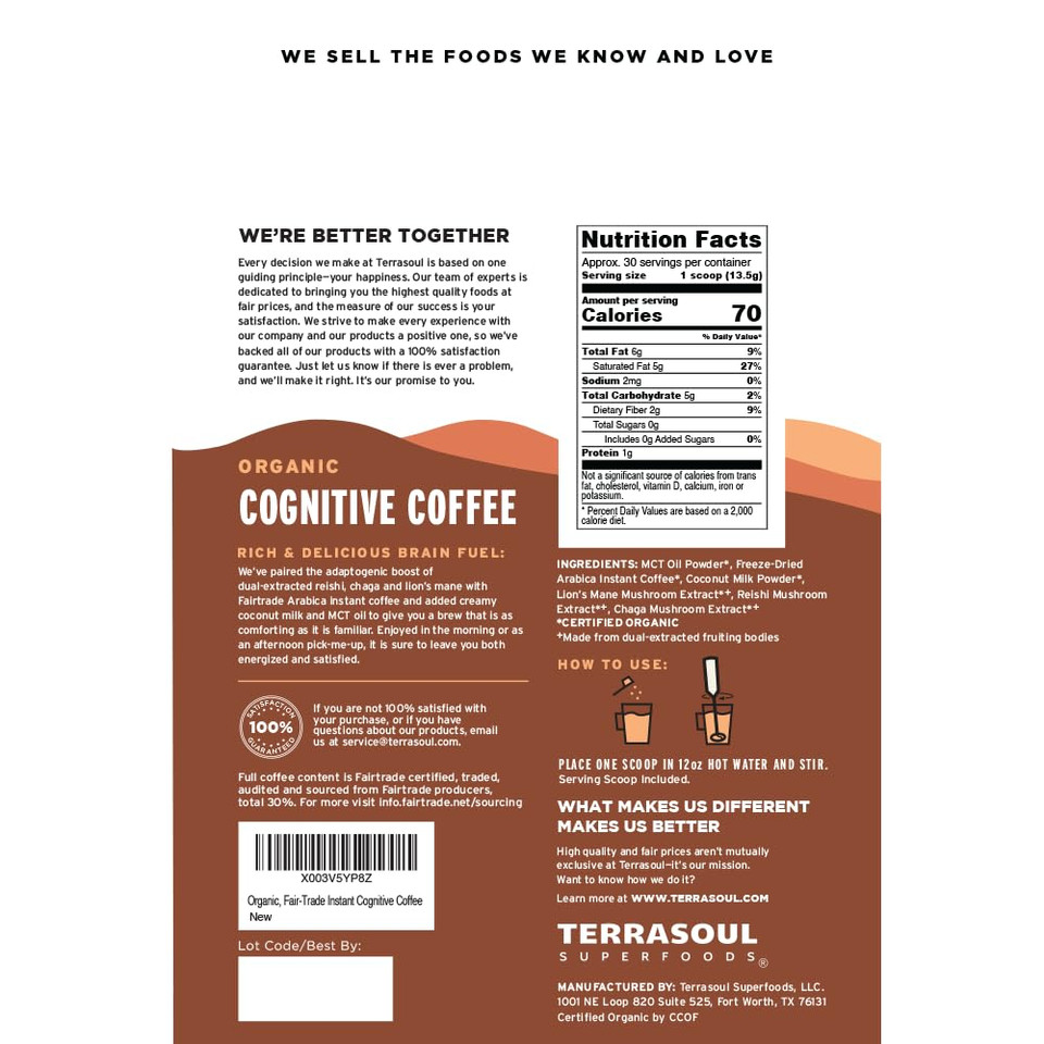 Terrasoul Superfoods Organic Cognitive Mushroom Coffee, 30 Servings, 14.29 Oz, Energize Your Morning And Boost Focus With Powerful Mushrooms, Compare To Ryze Mushroom Coffee
