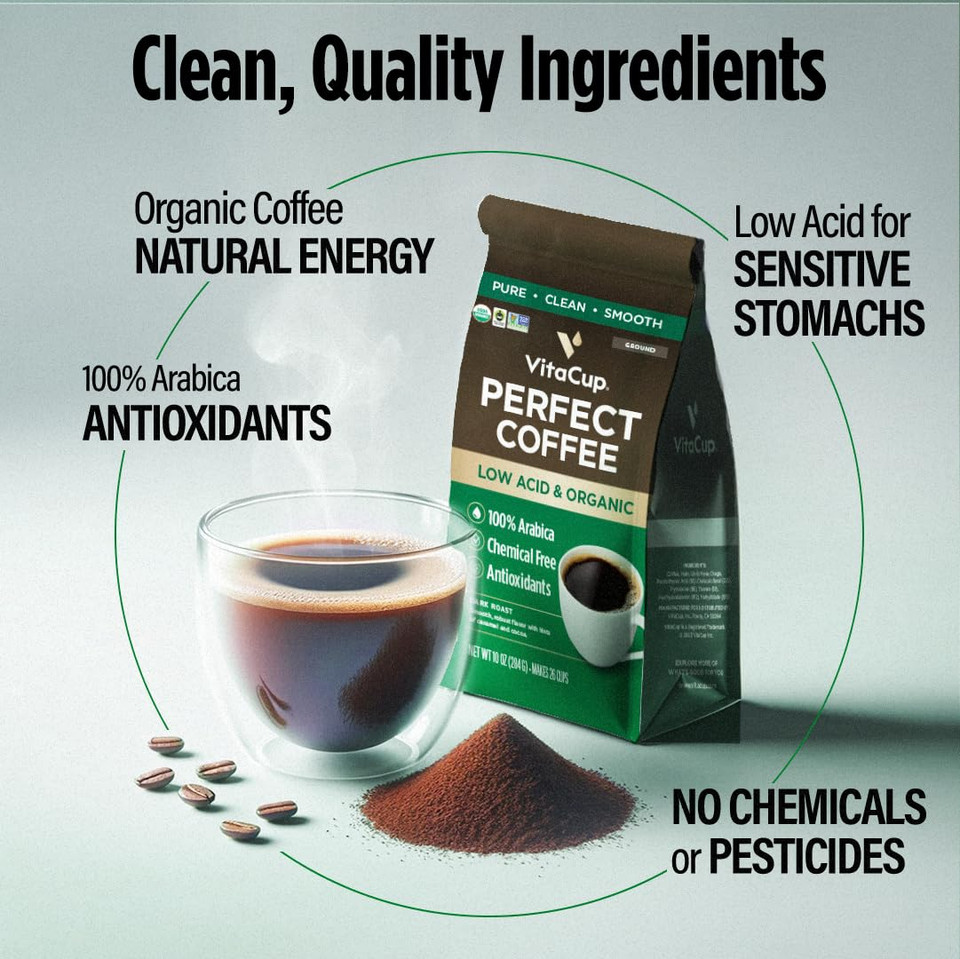 Vitacup Perfect Low Acid Coffee Beans, Usda Organic & Fair Trade, Mycotoxin Free, Dark Roast Guatemala Single Origin, Clean & Pure, Low Acidity, Whole Bean Coffee, 11 Ounces