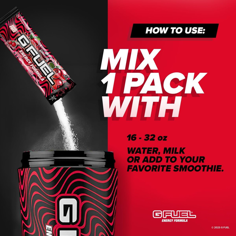 G Fuel Pewdiepie Energy Powder Packets, Sugar Free, Clean Caffeine Focus Supplement, Water Mix, Lingonberry Fruit Flavor, Focus Amino, Vitamin + Antioxidants Blend - 6 Stick Pack, 0.25 Oz