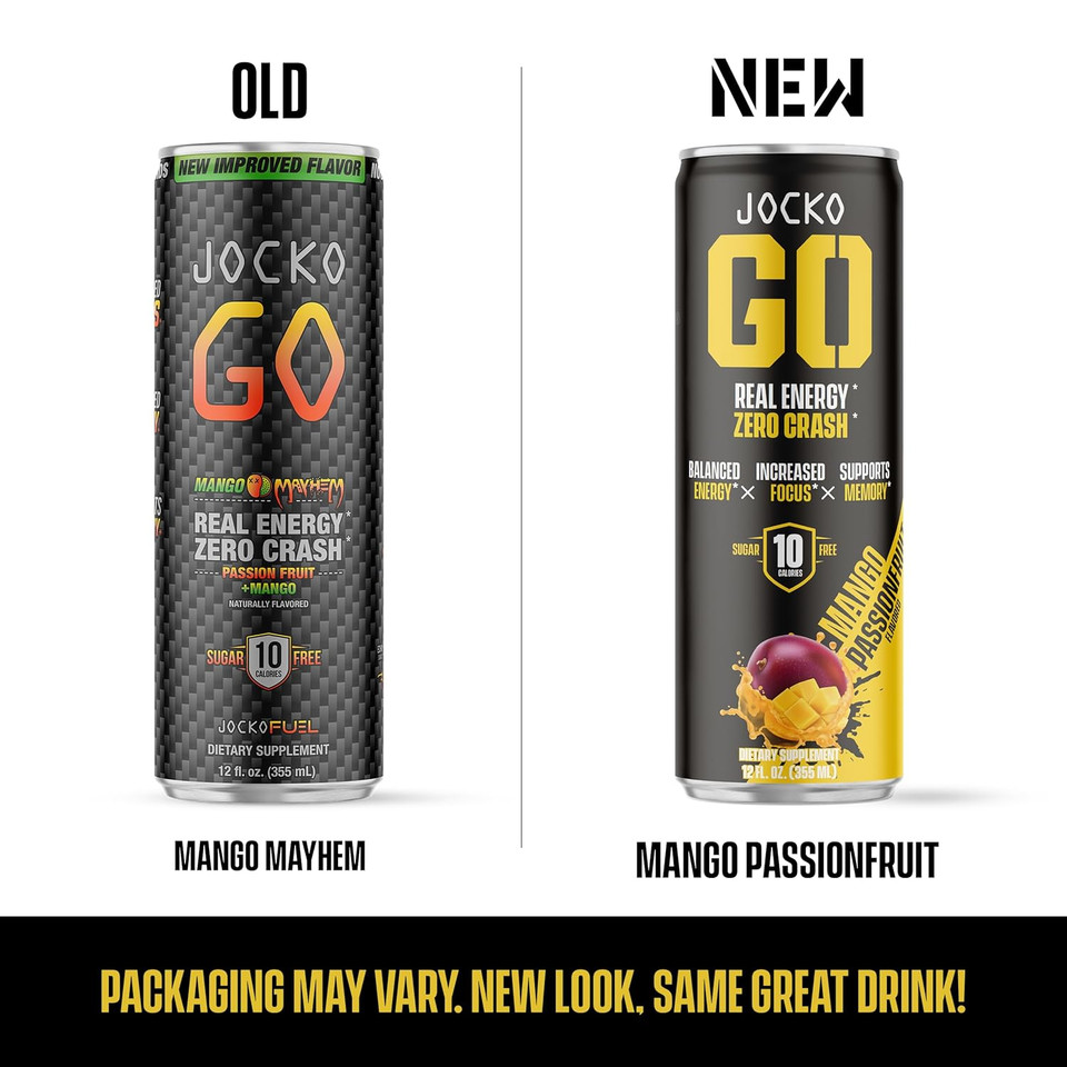 Jocko Go Energy Drink - Keto, Vitamin B12, Vitamin B6, Electrolytes, L Theanine, Magnesium- All Natural Energy Boost, Sugar Free Nootropic Monk Fruit Blend - 12 Pack (Mango Passionfruit)