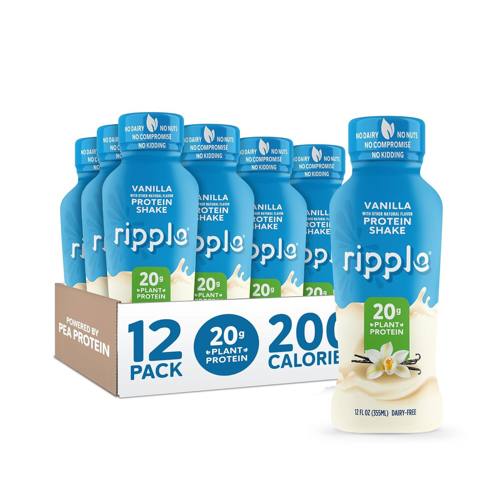 Ripple Vegan Protein Shake | Vanilla | 20G Nutritious Plant Based Pea Protein | Shelf Stable | No Gmos, Soy, Nut, Gluten, Lactose | 12 Oz, 12 Pack