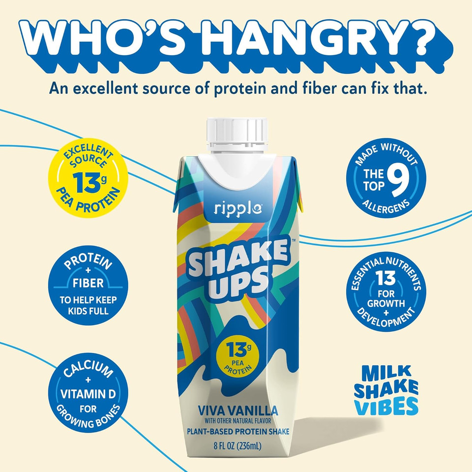Ripple Shake Ups Kids Protein Shake, Vanilla |13G Pea Protein | Shelf-Stable Single Serve Cartons| Dairy-Free | 8 Fl Oz (Pack Of 12)