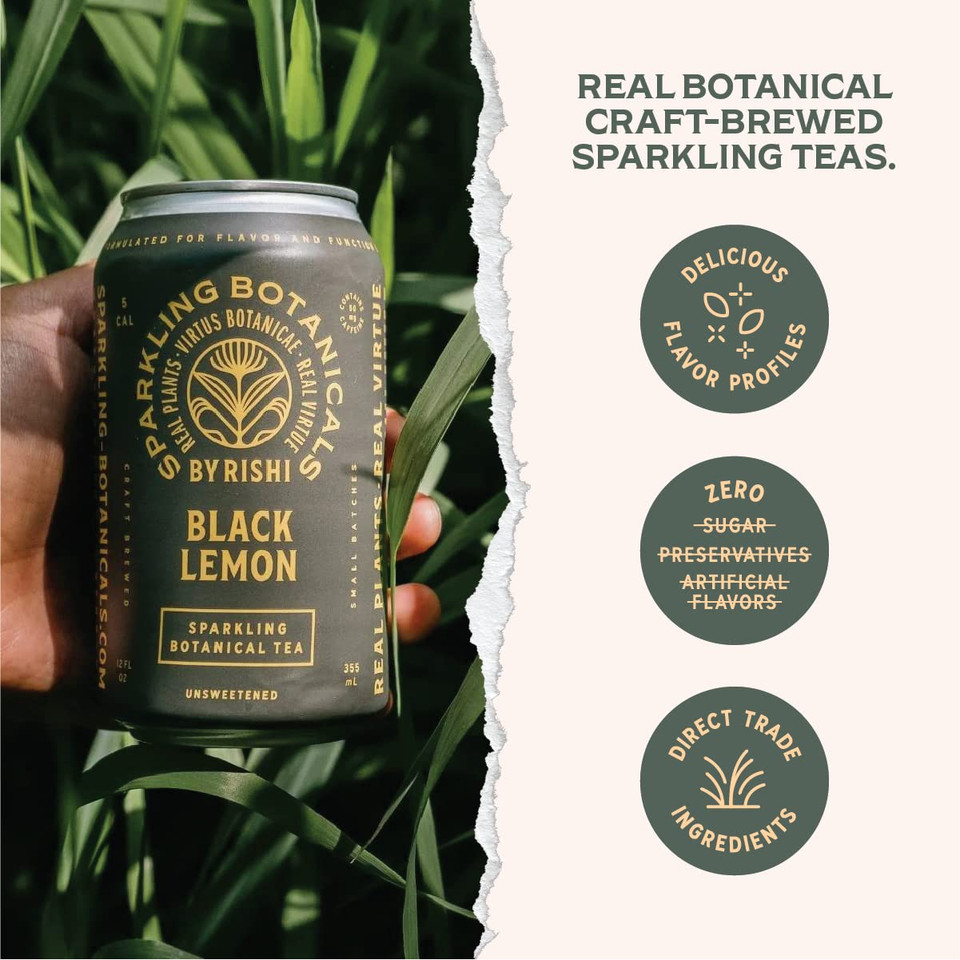 Rishi Tea Black Lemon Sparkling Botanicals Sparkling Water - Organic, Unsweetened, Zero Added Sugar, Caffeinated, Real Plants, Virtus Botanicals - 12 Oz (Pack Of 12)