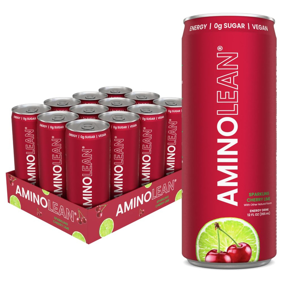 Aminolean Energy Drink  Sugar Free Amino Energy With Natural Caffeine & Vegan Amino Acids For No Jitters, Tingles, Or Crash, Cherry Lime, 12 Pack