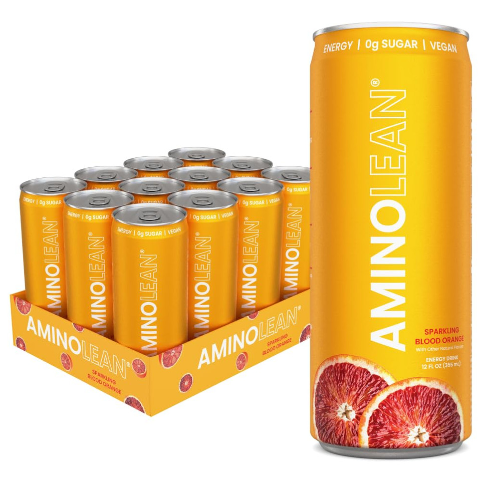 Aminolean Energy Drink  Sugar Free Amino Energy With Natural Caffeine & Vegan Amino Acids For No Jitters, Tingles, Or Crash, Blood Orange, 12 Pack