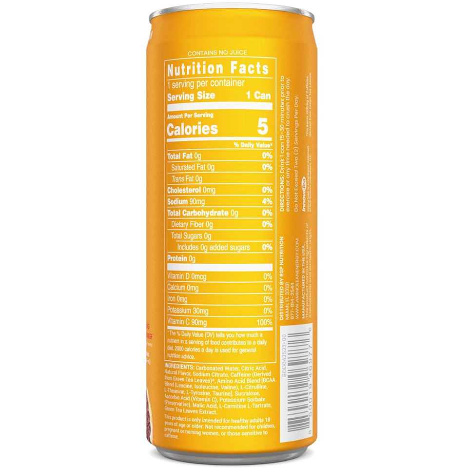 Aminolean Energy Drink  Sugar Free Amino Energy With Natural Caffeine & Vegan Amino Acids For No Jitters, Tingles, Or Crash, Blood Orange, 12 Pack