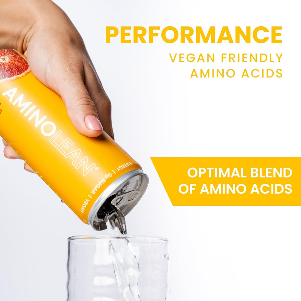 Aminolean Energy Drink  Sugar Free Amino Energy With Natural Caffeine & Vegan Amino Acids For No Jitters, Tingles, Or Crash, Blood Orange, 12 Pack