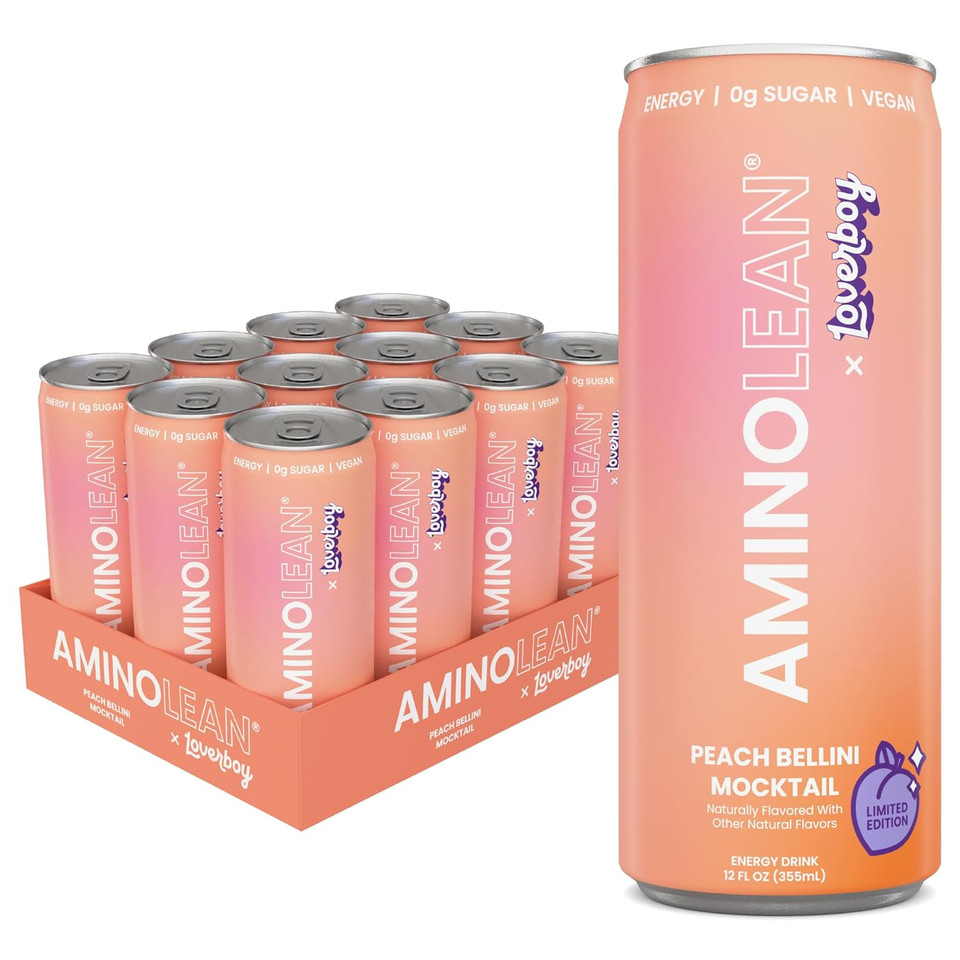 Aminolean X Loverboy Peach Bellini Energy Drink  Sugar Free Anytime Energy With Natural Caffeine & Vegan Amino Acids For No Jitters, Tingles, Or Crash, 12 Pack