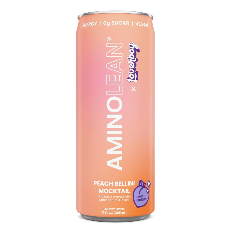 Aminolean X Loverboy Peach Bellini Energy Drink  Sugar Free Anytime Energy With Natural Caffeine & Vegan Amino Acids For No Jitters, Tingles, Or Crash, 12 Pack