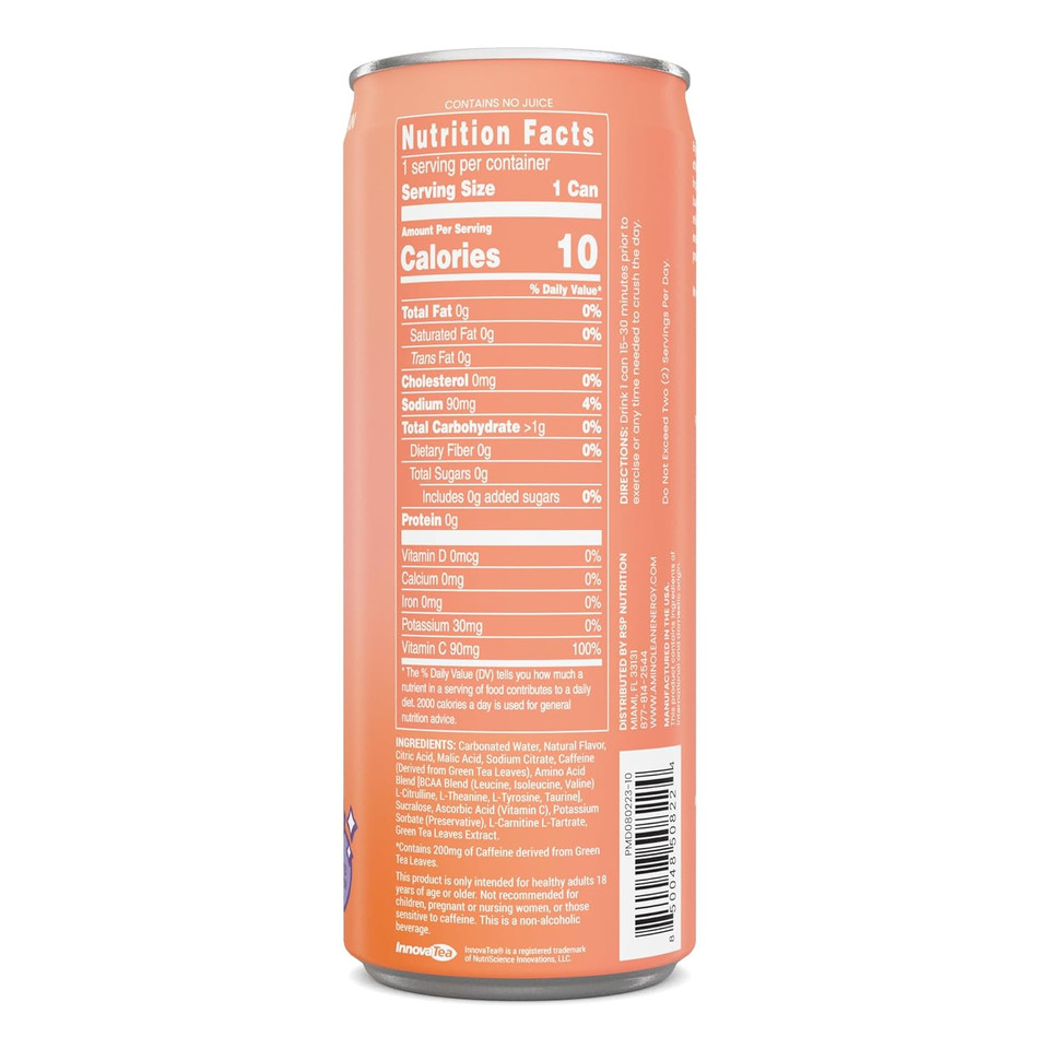 Aminolean X Loverboy Peach Bellini Energy Drink  Sugar Free Anytime Energy With Natural Caffeine & Vegan Amino Acids For No Jitters, Tingles, Or Crash, 12 Pack